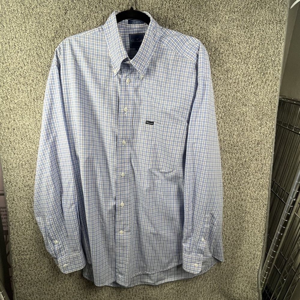 Faconnable Mens XL Blue Check Plaid Dress Shirt Button Up Made in USA Cotton
